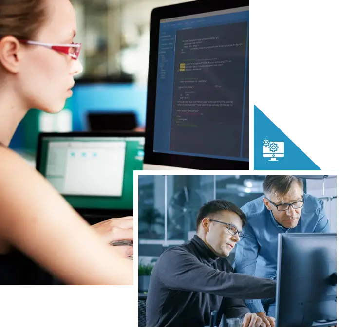 A woman sitting at a computer with two men working on it.